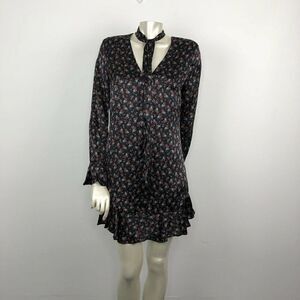 Intermix Serena Tie Neck Ruffle Shift Silk Dress in Black Floral Print. Size 4